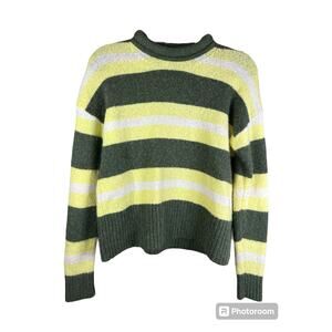 Madewell Neon Yellow Green Stripe Acrylic Wool Mock Neck Sweater Size Small
